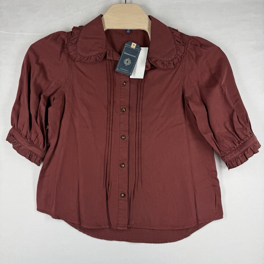 Democracy Women S NWT Rust Lyocell Blouse Ruffle Peter Pan Collar Puff Sleeve